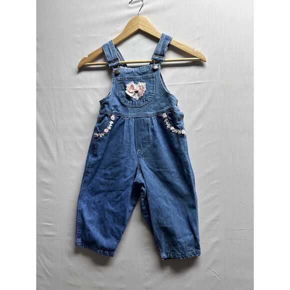 Vintage Girls Chelsea Denim Overalls Lace Rose Ribbon 90s Style Toddler Size 3T - Picture 1 of 7